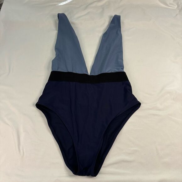 Aerie One Piece Swimsuit Size L Blue Colorblock Deep V Neck Pin Up Open Back - Picture 1 of 5